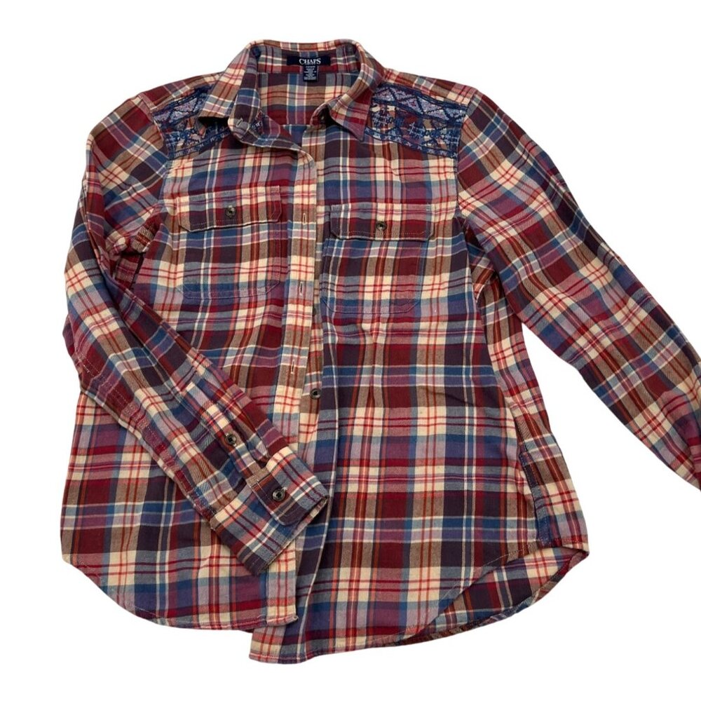 Chaps Petite Womens Plaid Flannel Shirt With Blue Lace Accents‎ Size PM
